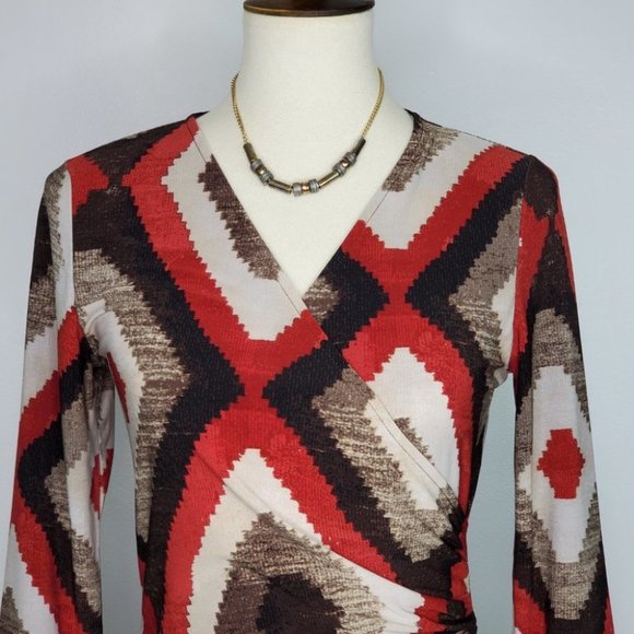 Lauren Ralph Lauren Brown Tan Rust Red Aztec Indian Pattern Surplice Top Size S - Picture 2 of 13